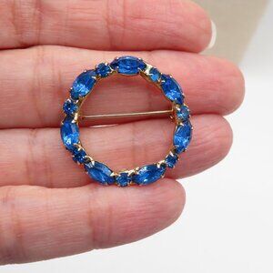 Vintage Blue Round Navette Rhinestones Gold Tone Circle Brooch